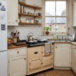 a used but well-maintained traditional cream enamel AGA cooker in a standard lived-in kitchen inside a central London flat