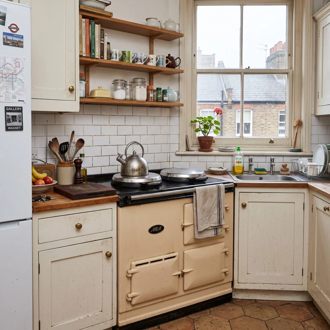 a used but well-maintained traditional cream enamel AGA cooker in a standard lived-in kitchen inside a central London flat